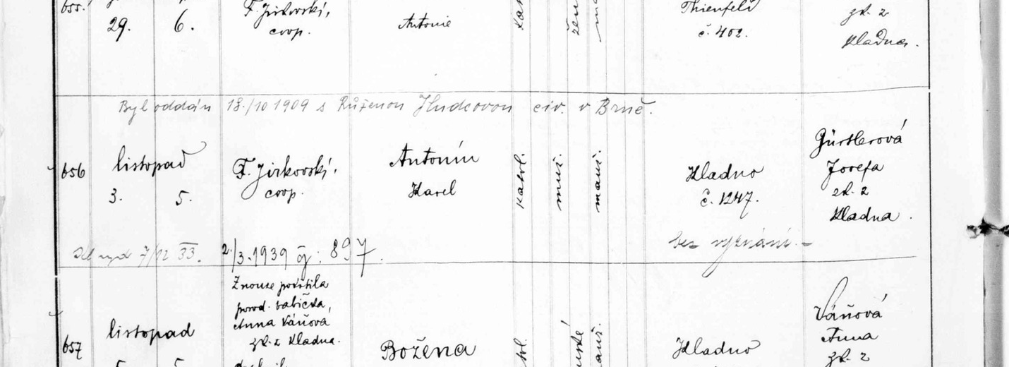 Výřez zápisu s datem narození, jménem Antonín Karel Laštovička a kladenským domem čp. 1247.
