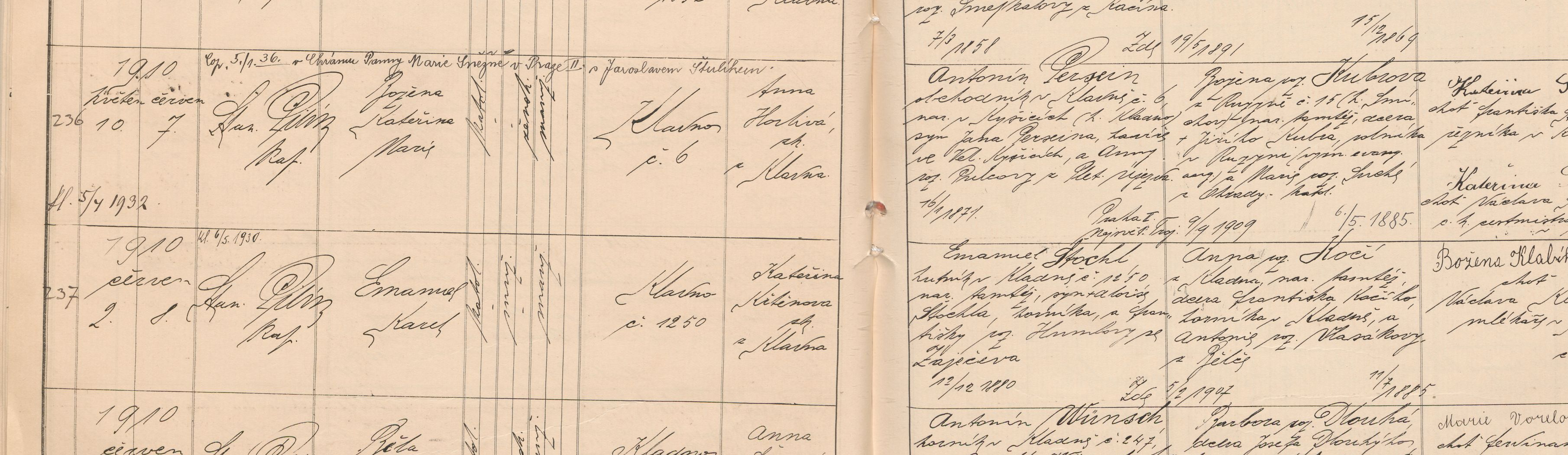 Výřez zápisu s datem narození a křtu Emanuela Karla Štochla a kladenským domem čp. 1250.