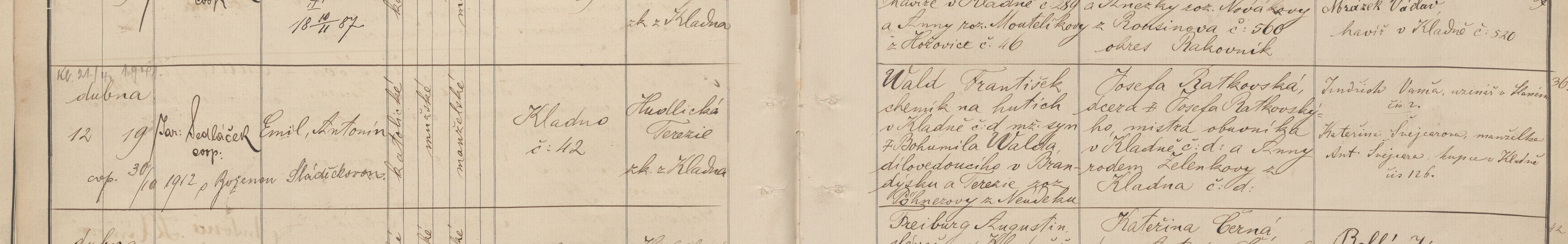 Výřez zápisu Emila Antonína Walda s datem narození, křtu a domem čp. 142 v Kladně.