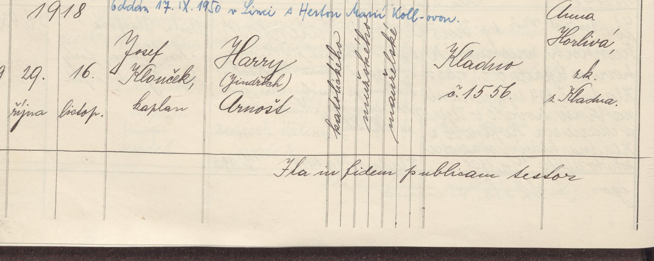 Výřez zápisu Harryho Slapnicky s datem narození, křtu, jménem a kladenským domem čp. 1556.