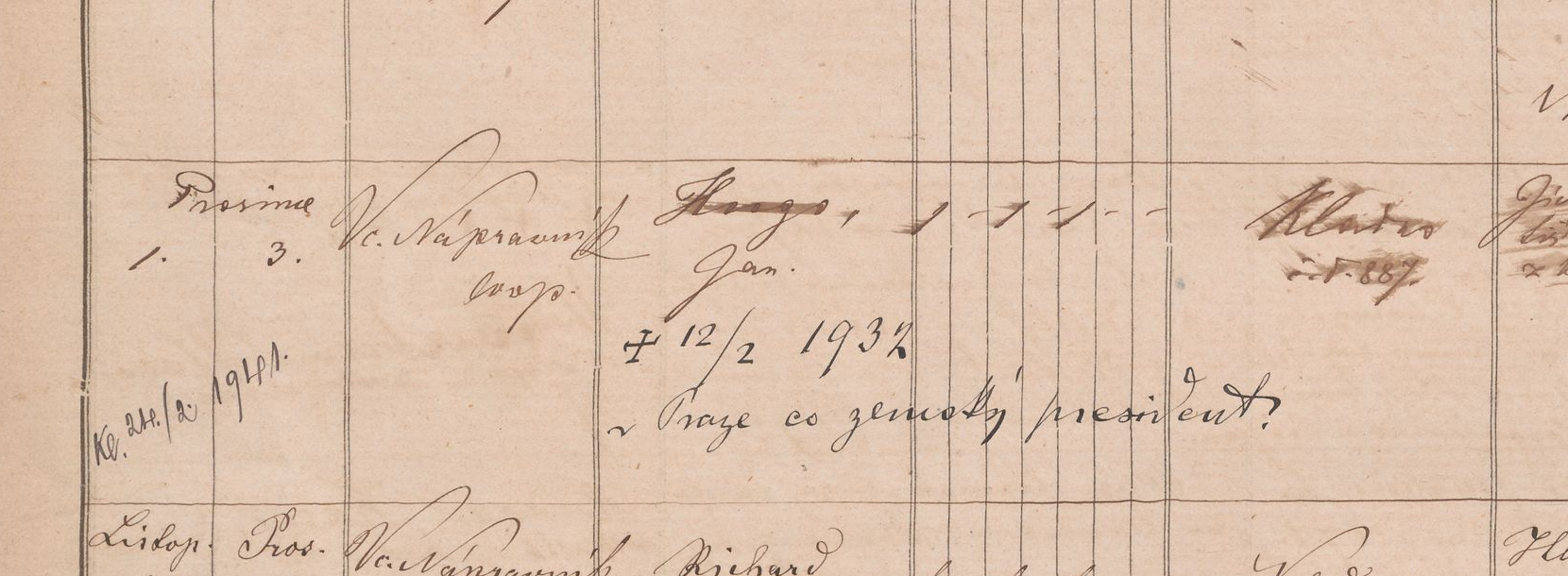 Výřez zápisu s prosincovým datem narození a křtu a jménem Hugo Jan Kubát.