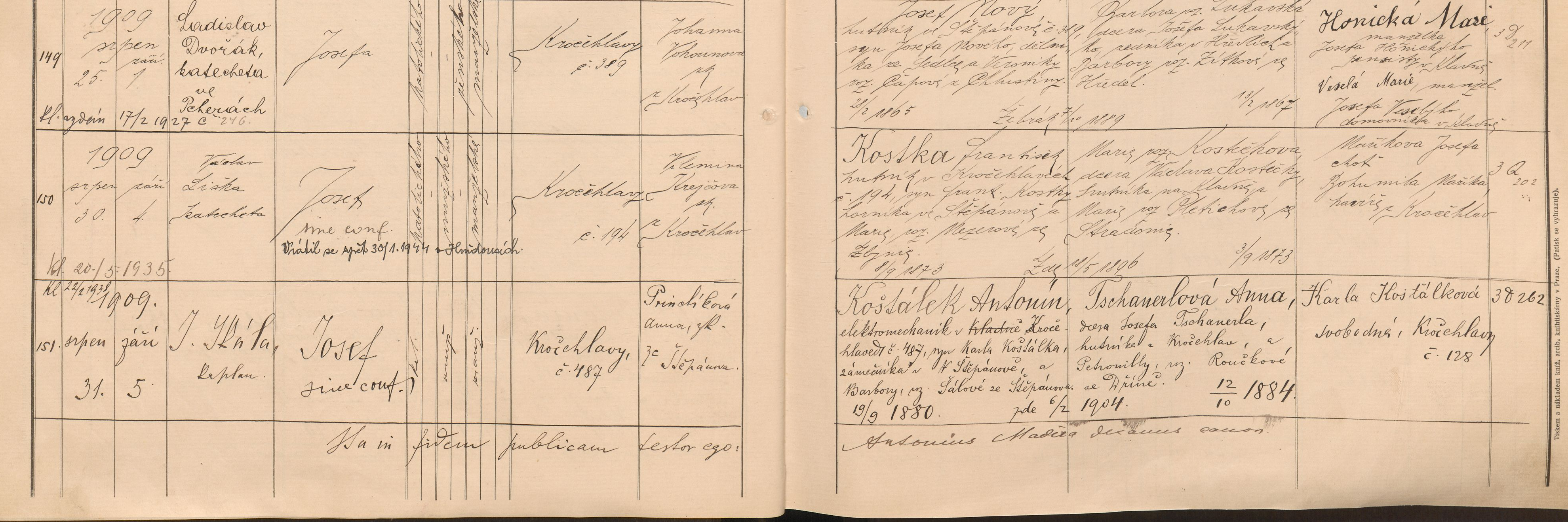 Výřez zápisu Josefa Košťálka s datem narození, místem a jménem dítěte.