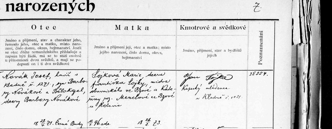 Rodičovské sloupce zápisu Josefa Nováka.