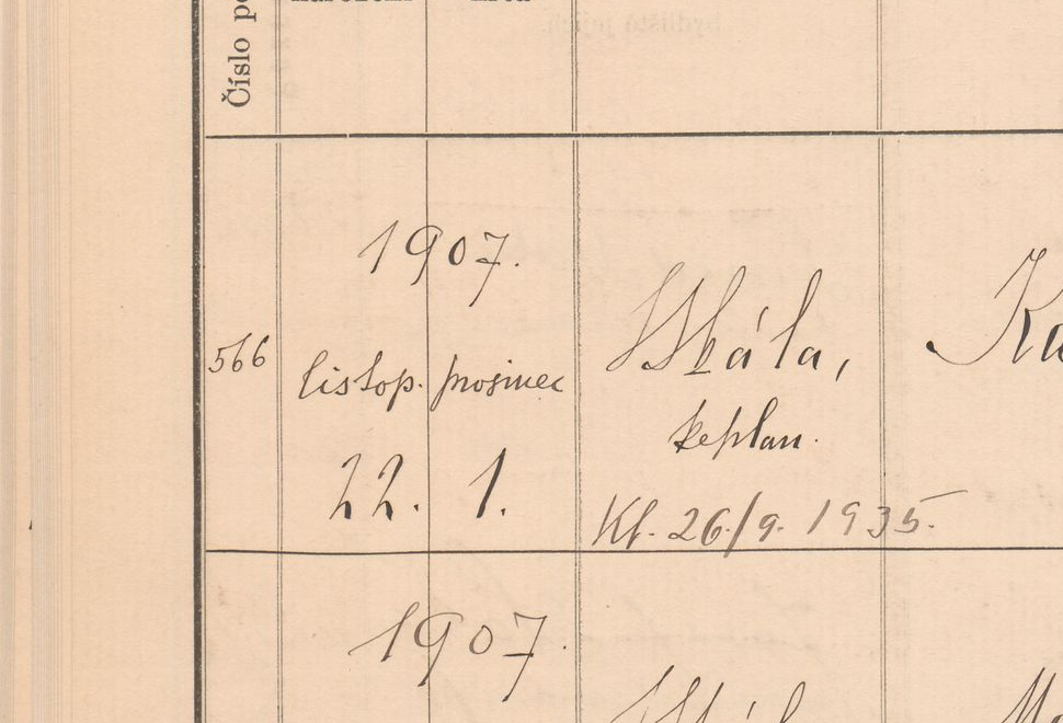 Výřez zápisu Karla Krause s datem narození 22. listopadu 1907 v Kladně.