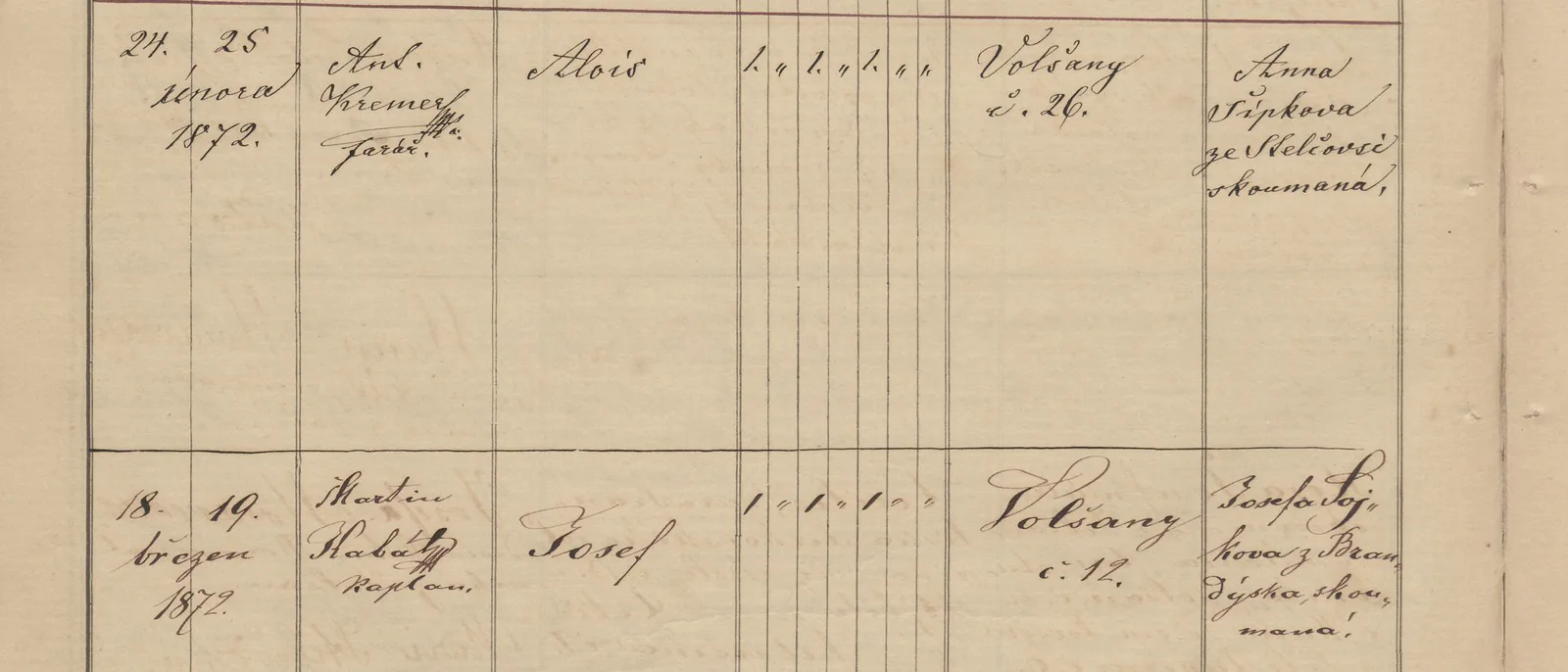 Výřez zápisu s datem narození a křtu, jménem Alois a domem ve Volšanech čp. 26.