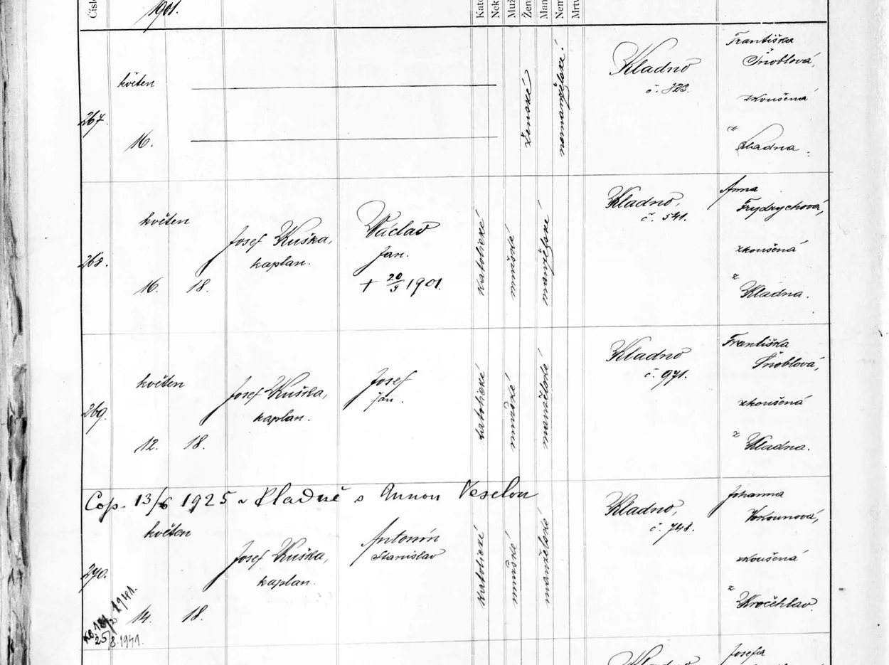 Výřez zápisu Antonína Stanislava Carvana s datem narození, křtem a kladenským domem čp. 748.