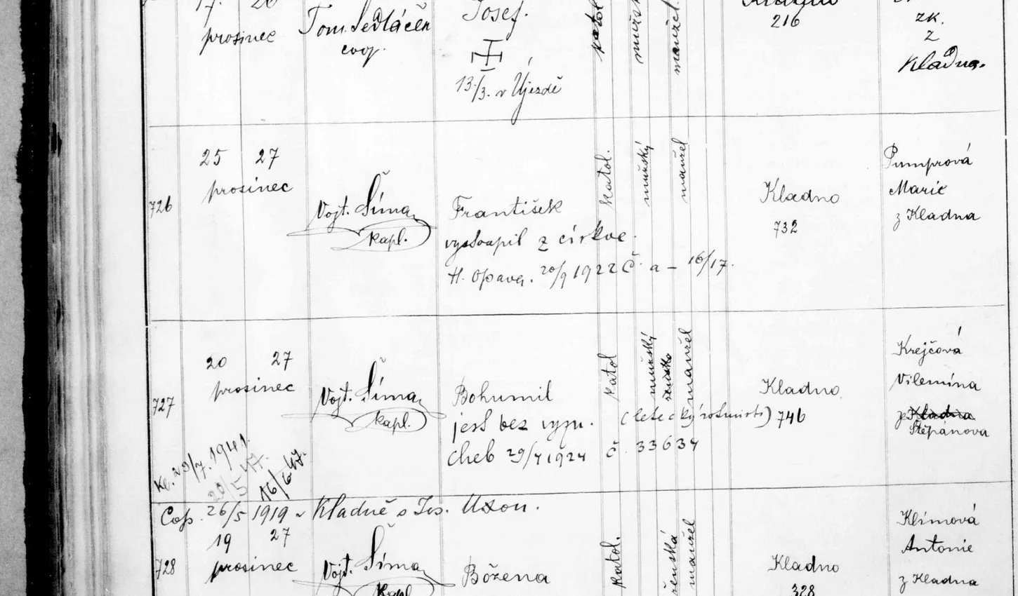 Výřez rodného zápisu Bohumila Landy s datem narození, křtem a domovním číslem.