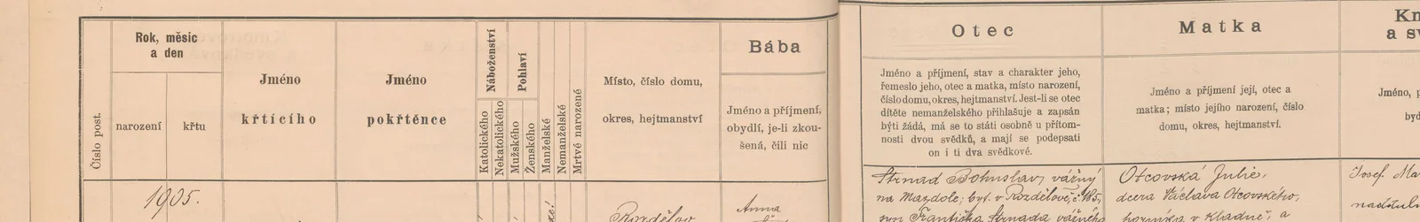 Výřez zápisu Bohuslava Strnada s datem narození, křtem a rozdělovským domem čp. 185.