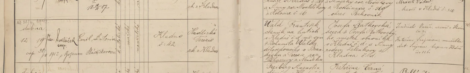 Výřez zápisu Emila Antonína Walda s datem narození, křtu a domem čp. 142 v Kladně.