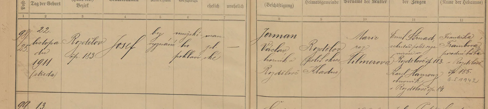 Výřez zápisu Josefa Jermana s datem narození, místem a jménem dítěte.