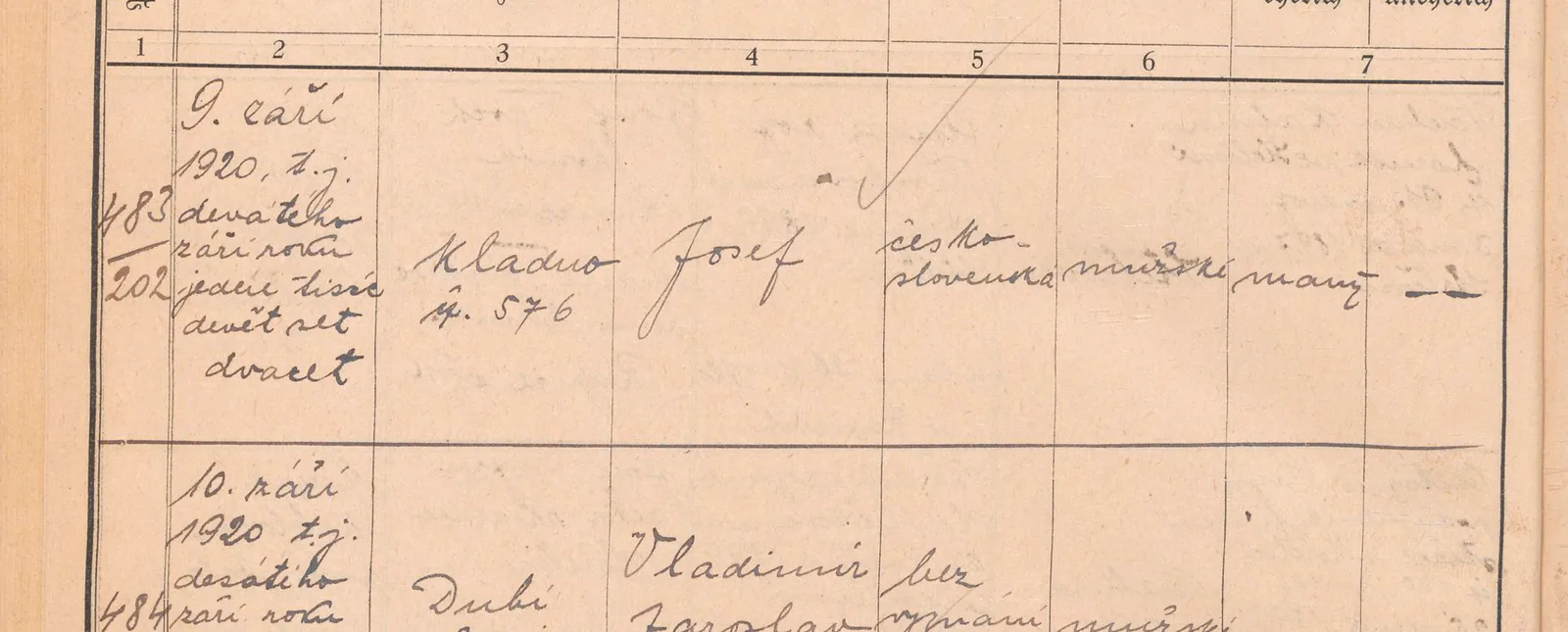 Výřez zápisu Josefa Kobra s datem narození a kladenským domem čp. 576.