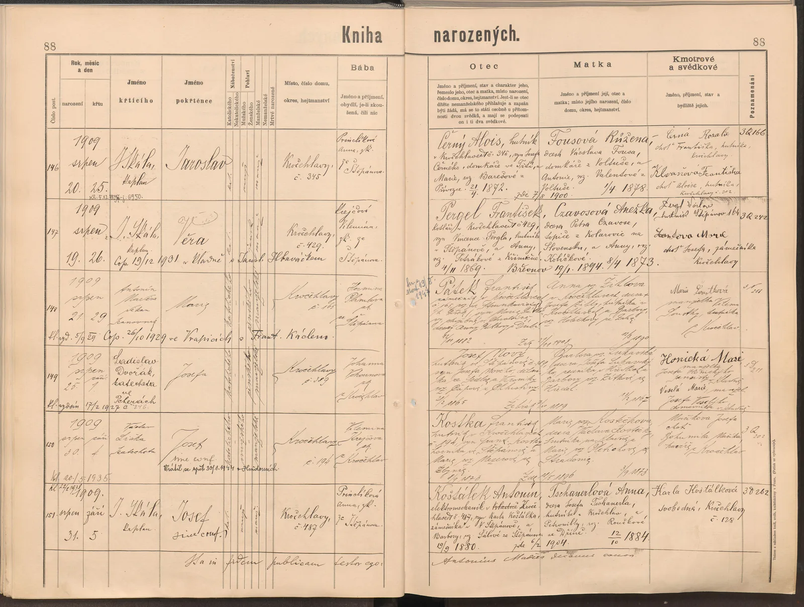 List 88 matriční knihy Kladno 95 se zápisem narození Josefa Košťálka.