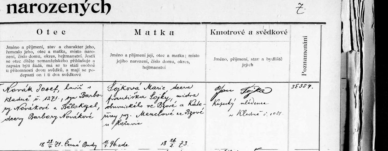 Rodičovské sloupce zápisu Josefa Nováka.