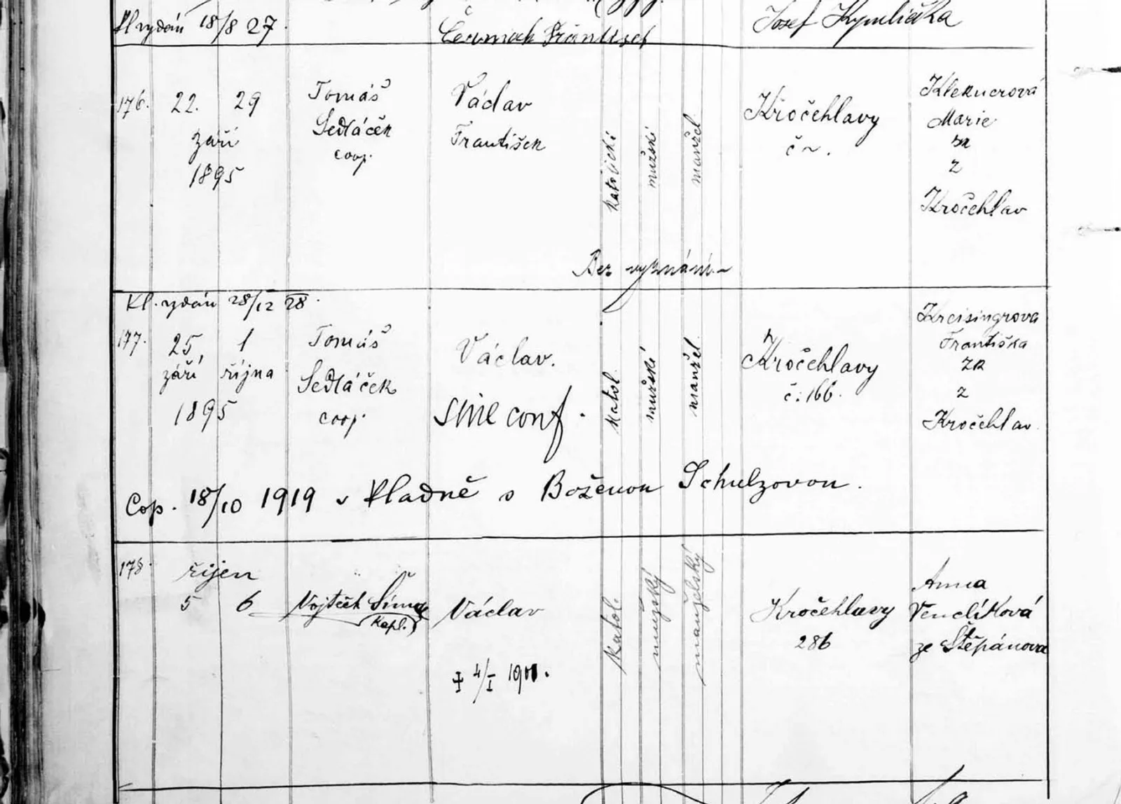 Výřez zápisu s datem narození, křtu a jménem Václav František Sandner.