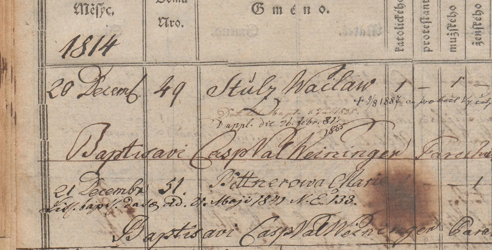 Výřez zápisu s rokem 1814, datem 20. prosince, domem číslo 49 a jménem Stulc Waclaw.