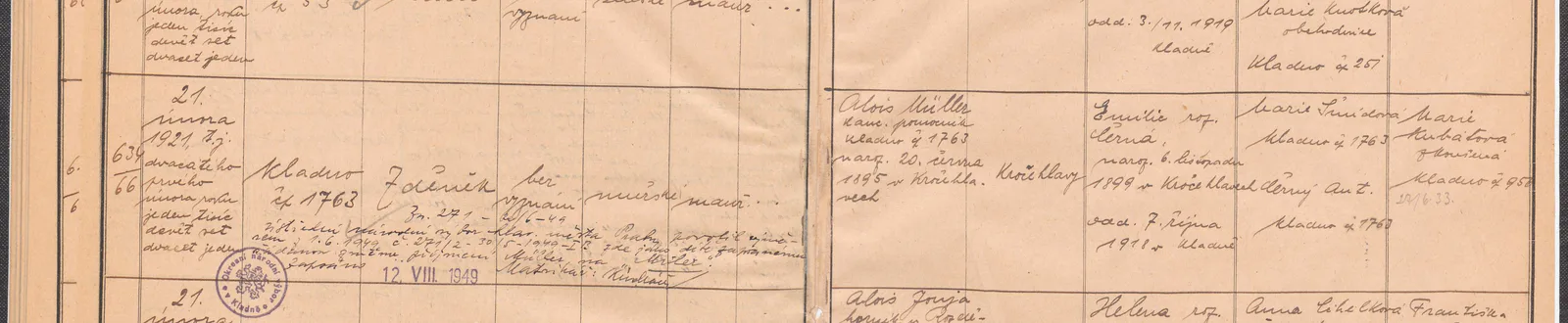 Výřez zápisu Zdeňka Milera s datem narození a kladenským domem čp. 1763.