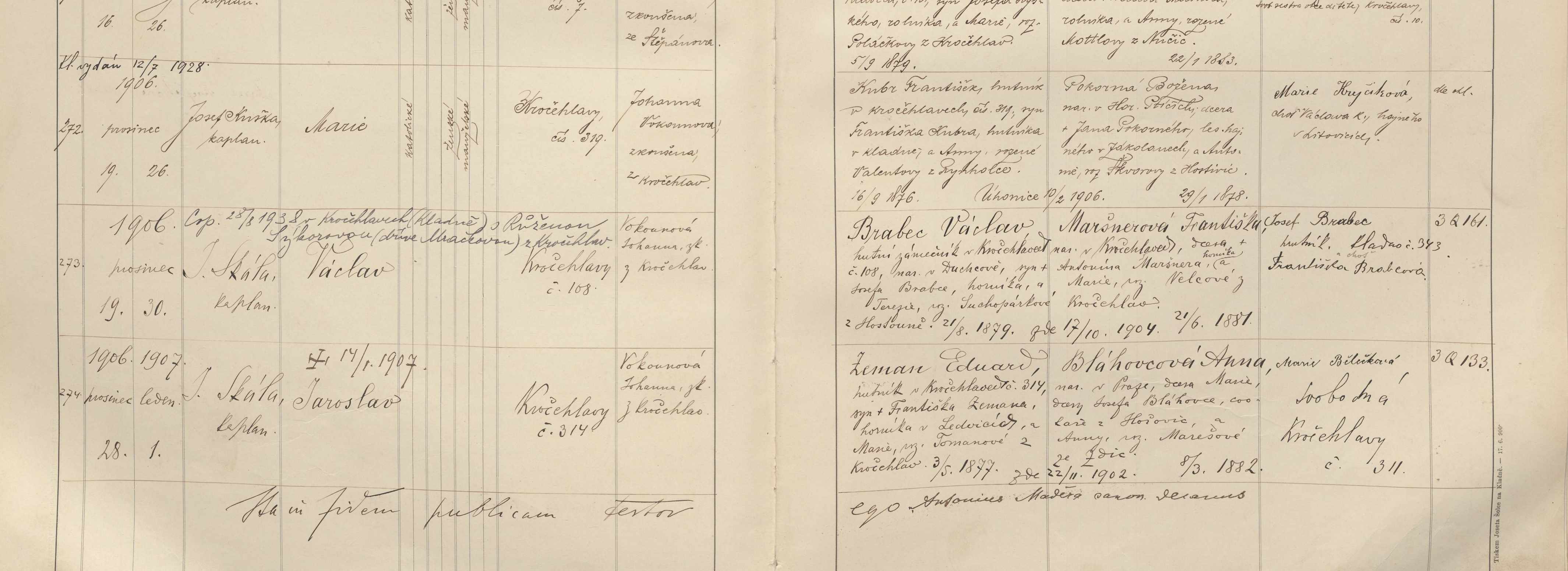 Výřez zápisu Václava Brabce s datem narození, křtem a kročehlavským domem čp. 108.