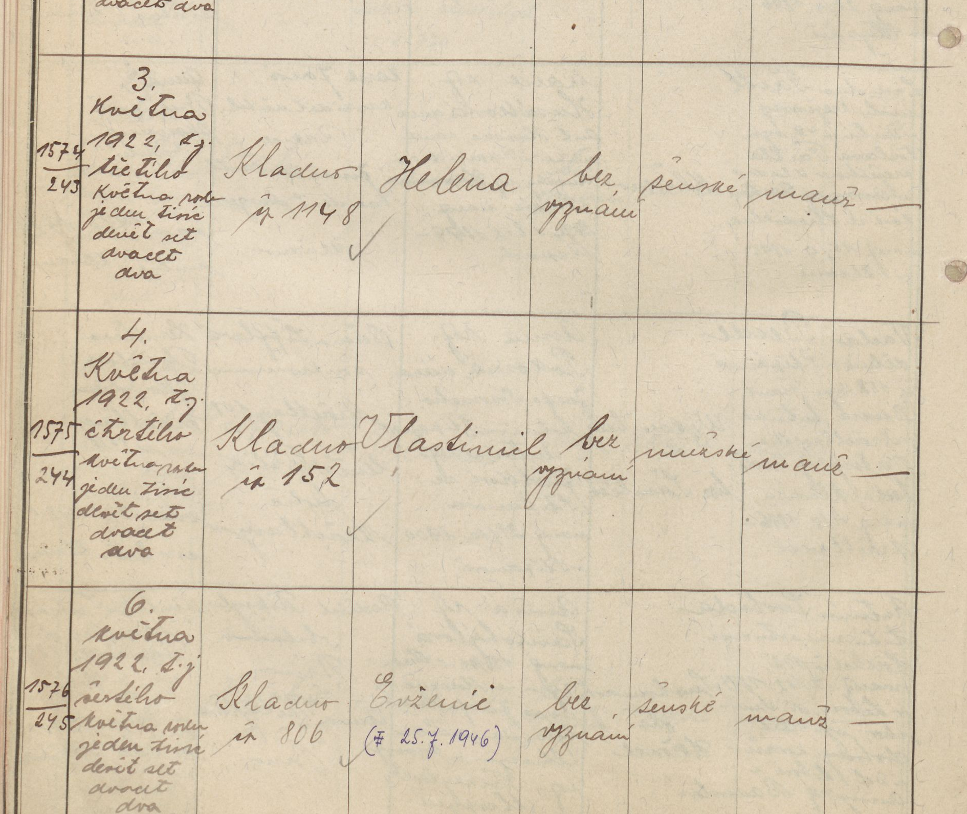 Výřez zápisu Vlastimila Sýkory s datem narození a kladenským domem čp. 152.