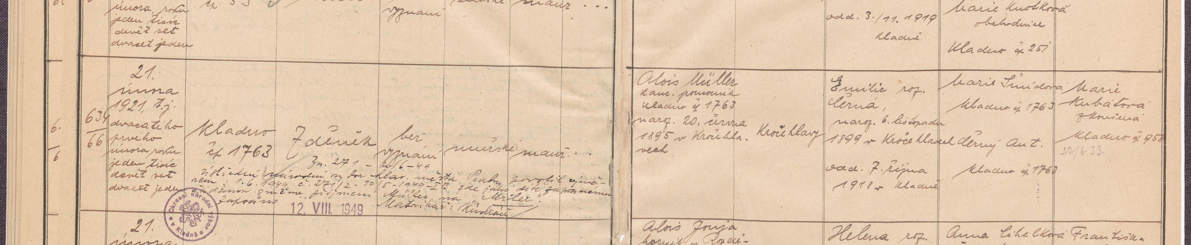 Výřez zápisu Zdeňka Milera s datem narození a kladenským domem čp. 1763.