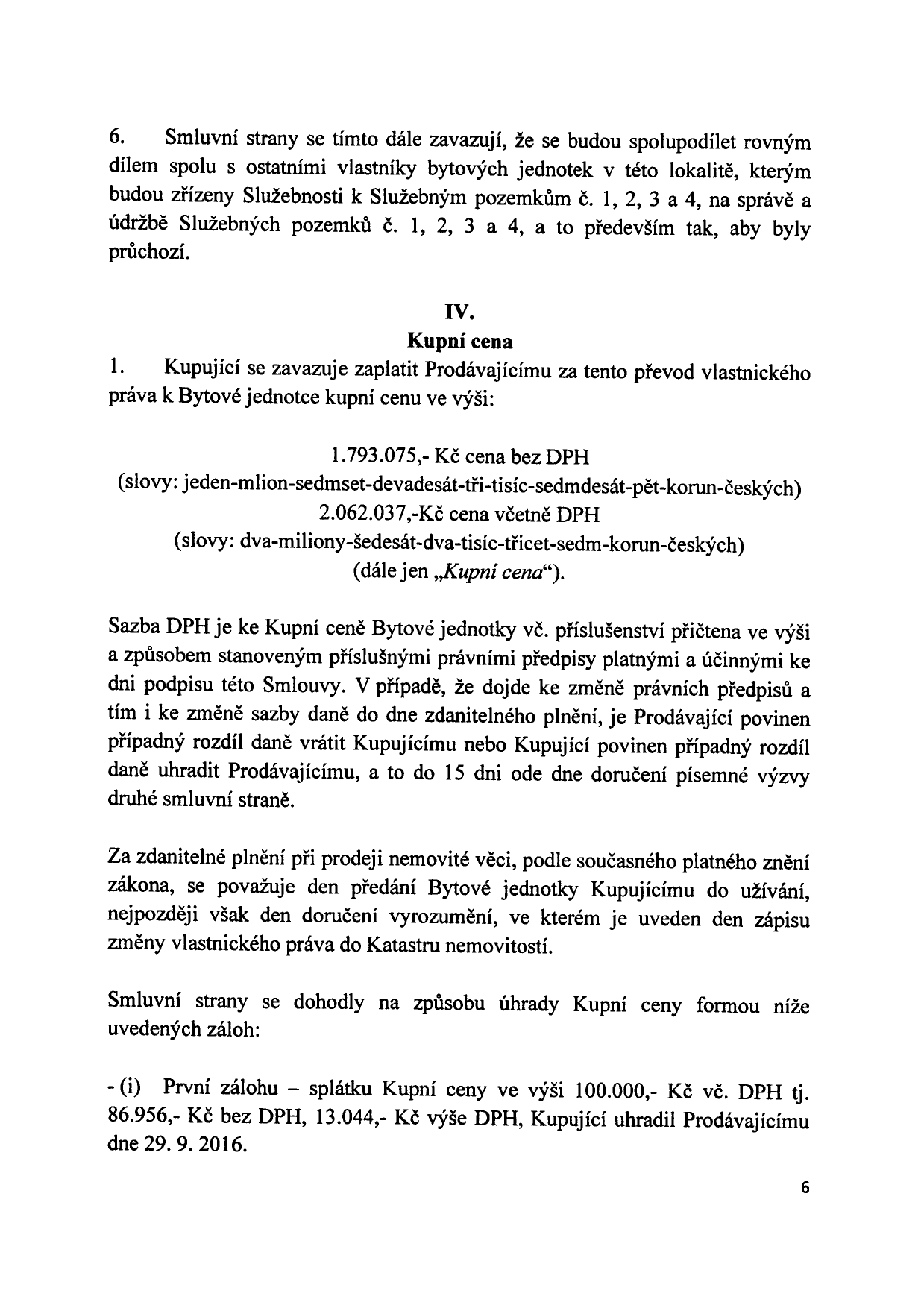 Strana kupní smlouvy s cenou jednotky 2 062 037 korun včetně DPH